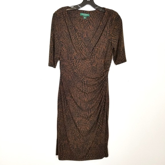 Lauren Ralph Lauren Women Wrap Animal Print Dress Sz 8 Jersey Animal Brown - Picture 1 of 8